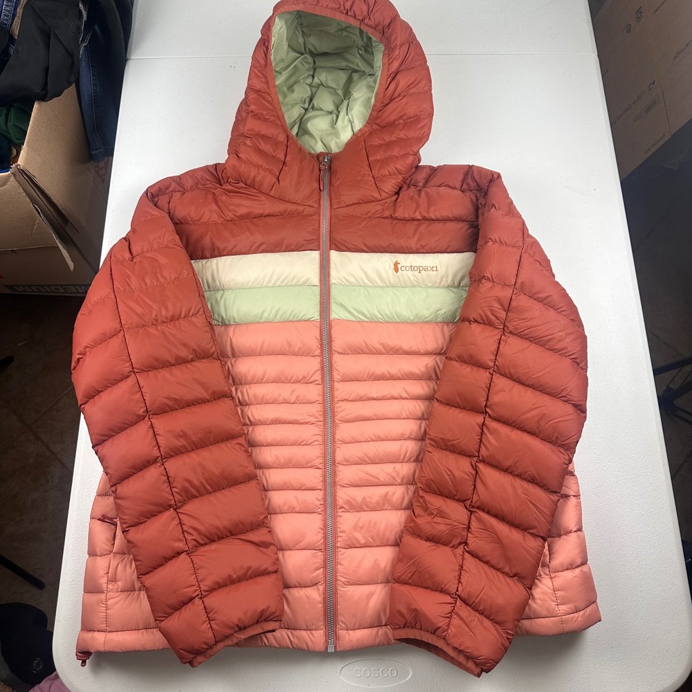 Cotopaxi Fuego Jacket Womens XL Rust Colorblock Down Puffer Hooded Outdoor Zip
